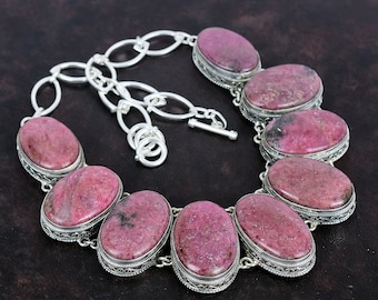 Handmade Rhodonite Necklace: Vintage 925 Sterling Silver, Adjustable