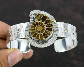 Ammonite Fossil Cuff Bracelet: Handmade 925 Sterling Silver Adjustable Bangle