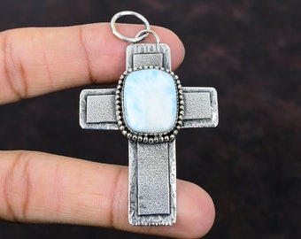 Larimar piedra preciosa colgante cruz colgante 925 plata esterlina colgante hecho a mano colgante natural larimar joyería piedra de nacimiento colgante regalo para él