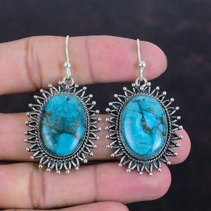 Handmade Tibetan Turquoise Drop Earrings: 925 Sterling Silver Jewelry