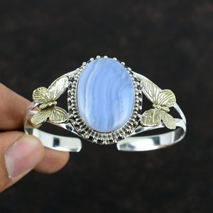 Brazalete de mariposa con piedras preciosas de ágata de encaje azul, brazalete de plata de ley 925 chapado en oro de 18 quilates, brazalete ajustable hecho a mano.