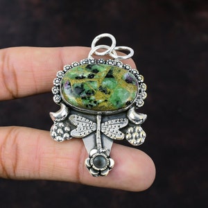 Handmade Copper Ruby Zoisite Pendant: Sterling Silver Dragonfly Jewelry