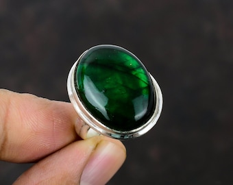 Green Fire Labradorite Ring: Handmade 925 Sterling Silver, Adjustable