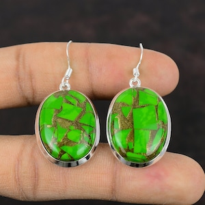 Copper Green Turquoise Earrings: Handmade 925 Sterling Silver Drop Earrings