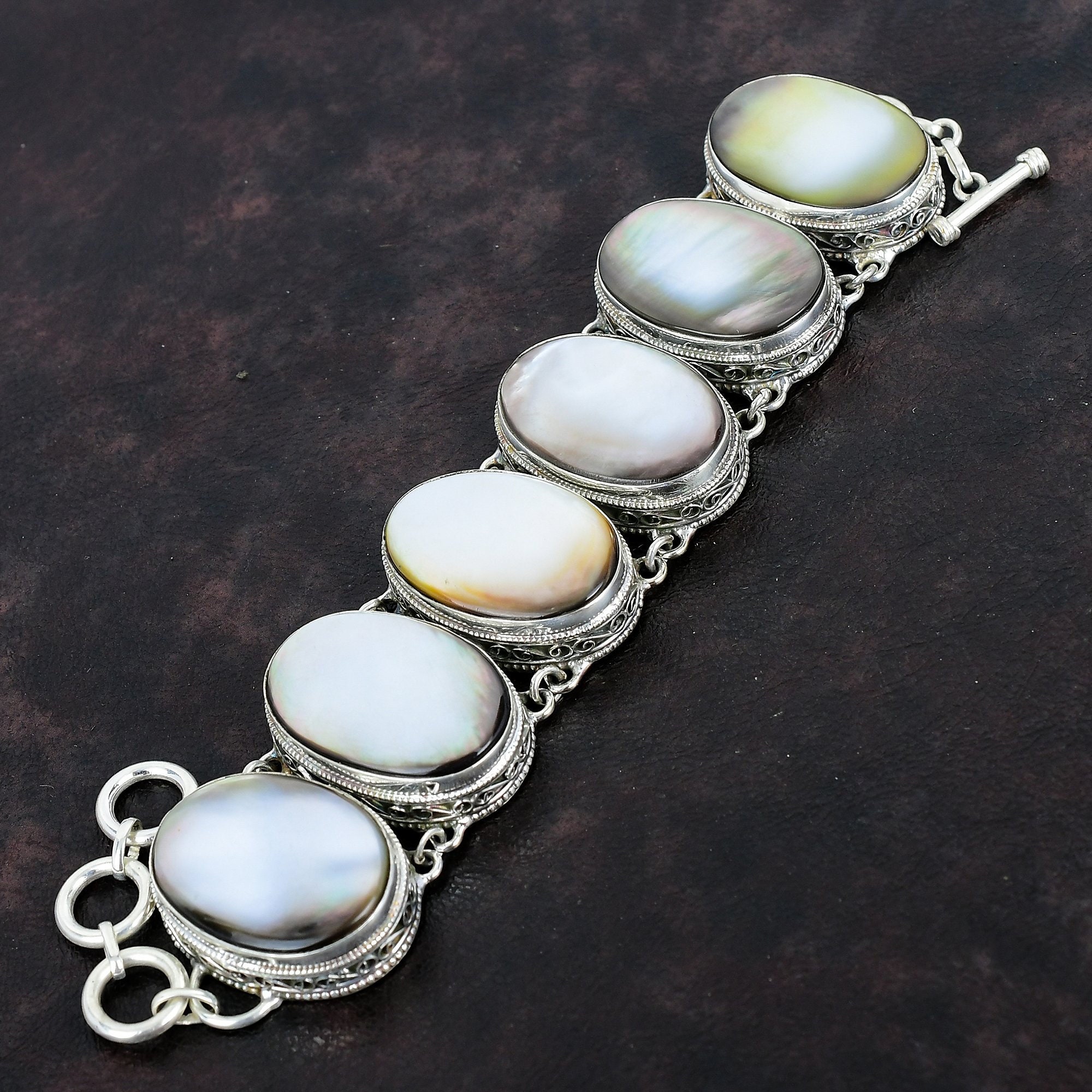 Magnifique Bracelet En Argent 925 Avec Quartz Fumé Et Nacre Naturelle | Modèle MP2057