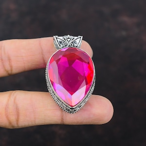 Handmade Pear Pink Fire Topaz Pendant: 925 Sterling Silver Vintage Jewelry