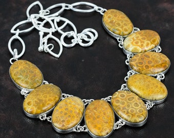 Fossile Koralle 925 Sterling Silber Halskette - Handgefertigter Edelstein Schmuck