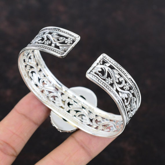 Bracelet Manchette Ethnique Réglable En Argent 925 - Pierre Larimar Naturel - Neuf