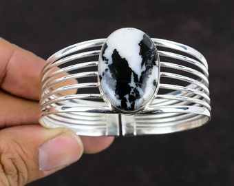 White Buffalo Turquoise Bangle: Handmade 925 Sterling Silver Adjustable Cuff