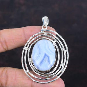 Blue Lace Agate 925 Sterling Silver Pendant - Handmade Healing Stone Jewelry