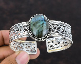 Labradorite Cuff Bracelet: Handmade 925 Sterling Silver Adjustable Bangle