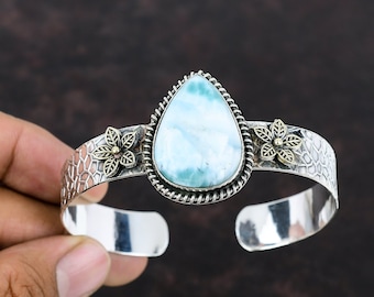 Handmade Larimar Cuff Bracelet: 925 Sterling Silver, 18K Gold Plated