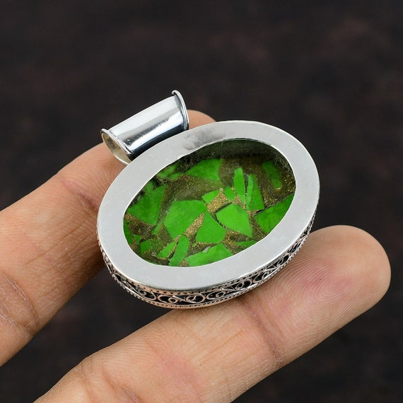 ハンドメイド銅製ターコイズペンダント：925スターリングシルバー