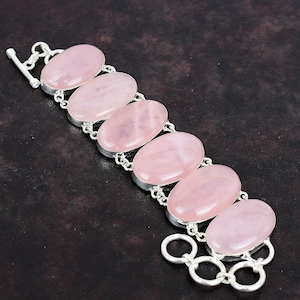 Handmade Rose Quartz Bracelet: Oval Gemstone, 925 Sterling Silver, Adjustable