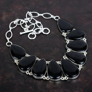 Zwarte onyx-peersteenketting: handgemaakt 925 sterlingzilver, verstelbaar