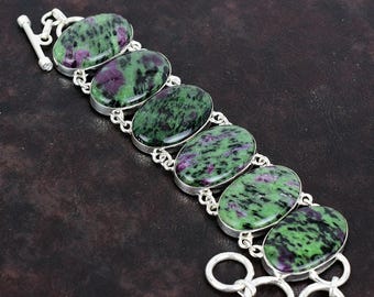 Handgefertigtes Rubin Zoisit Armband: Verstellbare Kette 925 Sterling Silber