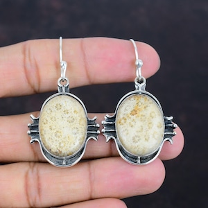 Fossile Korallen Ohrring Handmade Ohrringe Edelstein Schmuck 925 Sterling Silber Ohrring Fossil Coral Schmuck Geschenke für Frauen Designer Schmuck