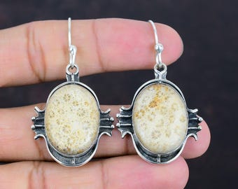 Handmade Fossil Coral 925 Sterling Silver Earrings