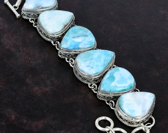 Handmade Larimar Bracelet: Vintage 925 Sterling Silver Adjustable Chain