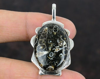 Handmade Turritella Agate Pendant: 925 Sterling Silver Gemstone Jewelry