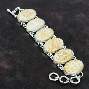 Handmade Fossil Coral 925 Sterling Silver Bracelet - Adjustable Chain