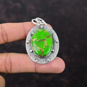 Handmade Copper Green Turquoise 925 Sterling Silver Pendant