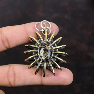 Handmade Turritella Agate Pendant: 18K Gold Plated 925 Sterling Silver Cage Jewelry