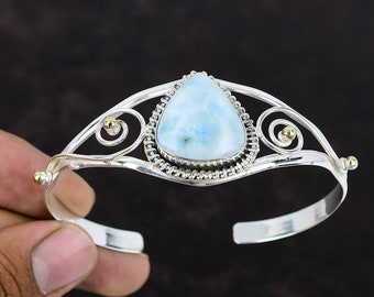 Handmade Larimar Gemstone Bangle: 925 Sterling Silver, 18K Gold Plated Cuff