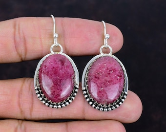 Boucles d'oreilles artisanales en rhodonite : bijoux en argent sterling 925 et pierres précieuses