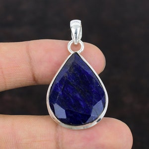 Faceted Pear Blue Sapphire Pendant: Handmade 925 Sterling Silver