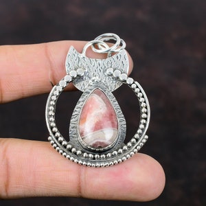 Handmade Pear Rhodochrosite Pendant: Designer Sterling Silver Jewelry