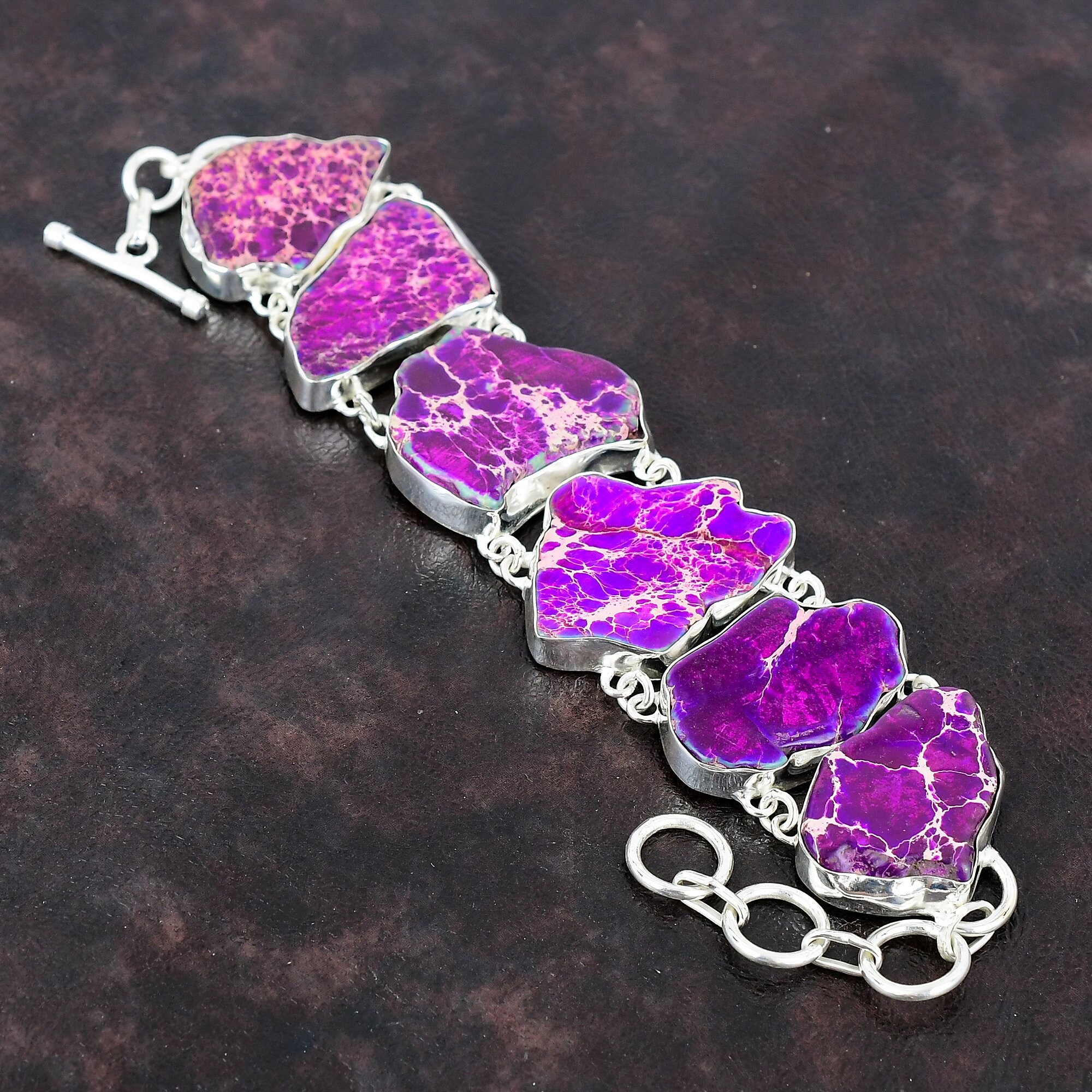 Purple Sea Sediment Jasper Bracelet Real Gemstone Jewelry 925 Sterling Silver Bracelet Adjustable Chain Bracelet Handmade Bracelet For Gift