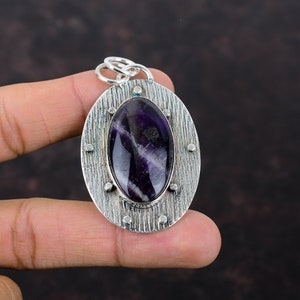 Handmade Chevron Amethyst Pendant: 925 Sterling Silver Boho Jewelry
