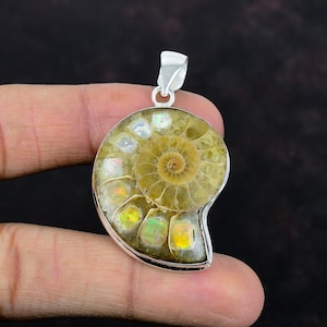 May include: Silver pendant featuring a fossilized ammonite with iridescent opal accents. The pendant is shaped like a half-circle and has a silver bail.