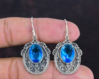 Faceted Swiss Blue Topaz Earrings: Vintage 925 Sterling Silver