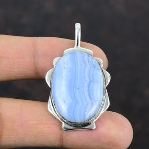 Blue Lace Agate Sterling Silver Pendant: Handmade Antique Style Jewelry
