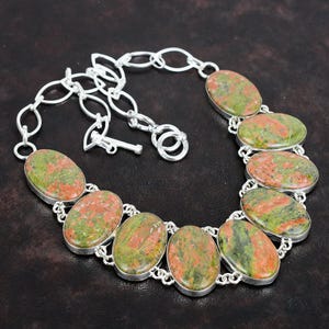 Unakite Gemstone Necklace: 925 Sterling Silver, Adjustable Chain