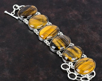 Handmade Tiger's Eye 925 Sterling Silver Bracelet - Adjustable Gemstone Jewelry