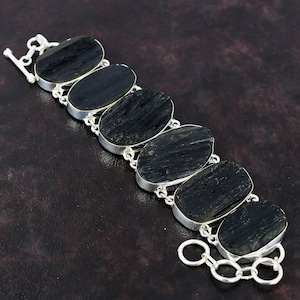 Black Tourmaline Rough Bracelet Natural Gemstone Bracelet 925 Sterling Silver Bracelet Adjustable Chain Bracelet Handmade Jewelry For Gift