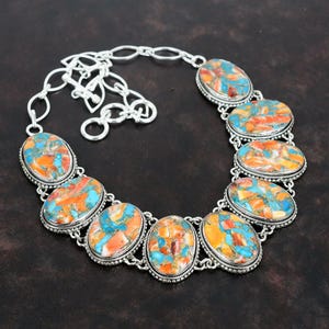 Colar de turquesa Spiny Oyster: corrente ajustável de prata esterlina, estilo vintage