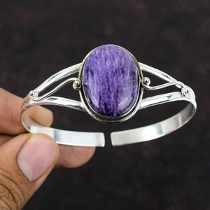 Pulseira Charoite: Pulseira ajustável feita à mão em prata esterlina 925