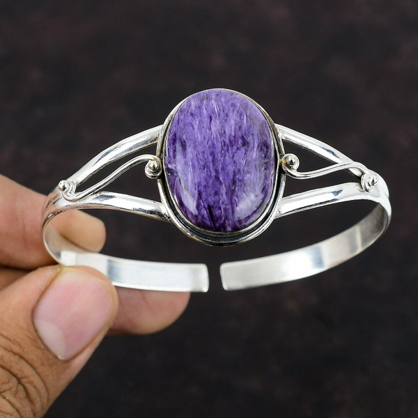 Charoite Cuff Bracelet Genuine Gemstone Bangle 925 Sterling Silver Cuff Bracelet Handmade Adjustable Bangle Amazing Cuff Bangle Wedding Gift