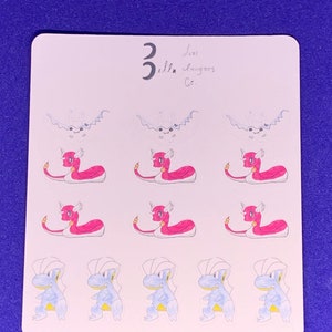 May include: A sheet of stickers featuring various Pokemon characters. The stickers are white with a light pink, light blue, and white color scheme. The stickers feature the text "3ella Imagines Co."
