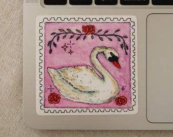 Adesivo de cisne em formato de selo postal, decalque de vinil fosco com pássaro, adesivo vintage floral de cisne para laptop, presente fofo com tema de animais em estilo cottagecore