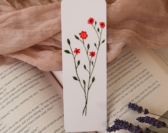 Marcador de livros floral em aquarela pintado à mão, presente botânico com flores silvestres em tons de coral.