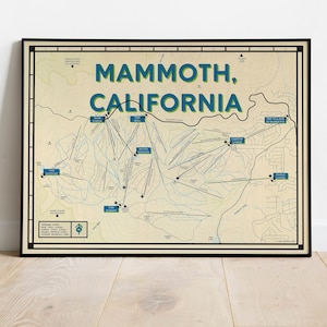 Póster con mapa de la estación de esquí Mammoth / Impresión artística del lago June de Mammoth Lakes / Decoración de cabañas para el hogar / Regalo para esquiadores