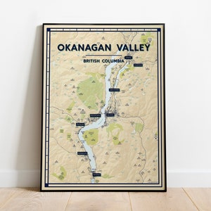 Póster con mapa del valle de Okanagan, decoración del hogar del lago Kelowna, Vernon, Penticton y Okanagan, impresión artística de Columbia Británica, regalo de viaje a una bodega al aire libre