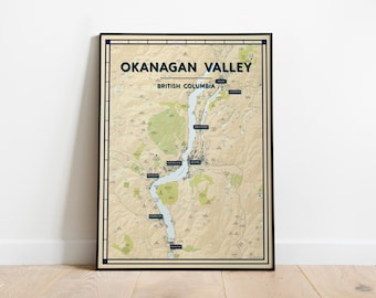Lámina artística del mapa del valle de Okanagan / Póster de la Columbia Británica