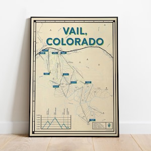 May include: Framed vintage-style map of Vail, Colorado, in a black frame. The map features a detailed layout of ski runs and lifts, with the words "VAIL, COLORADO" in teal. The map is set against a cream-colored background.