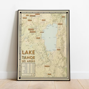 Kaart van Lake Tahoe-skiresorts poster | Sierra-at-Tahoe Heavenly Kirkwood Olympic Alpine Meadows Mt Rose Art | Truckee woondecoratie | Skiër cadeau